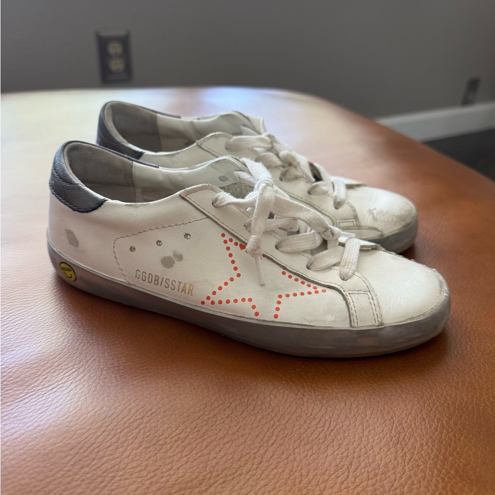 Golden Goose White and Black Sneakers with Red Star